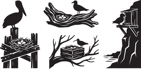 Obraz premium Birds on nest, bird silhouettes, vector icons, black and white, 5 elements