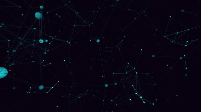 Seamless 4K loop of a glowing thermal neural network of sphere nodes firing and connecting in a seamless plexus in rich volumetric light. Ideal for AI background, website background. 4K UHD.