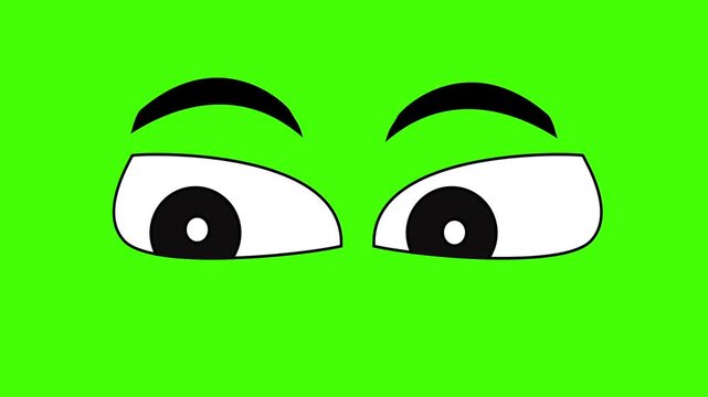 Animated Cartoon Eyes Looking Sideways on Green Screen &ndash; Suspicious Character Gaze with Black Eyebrows Chroma Key Asset