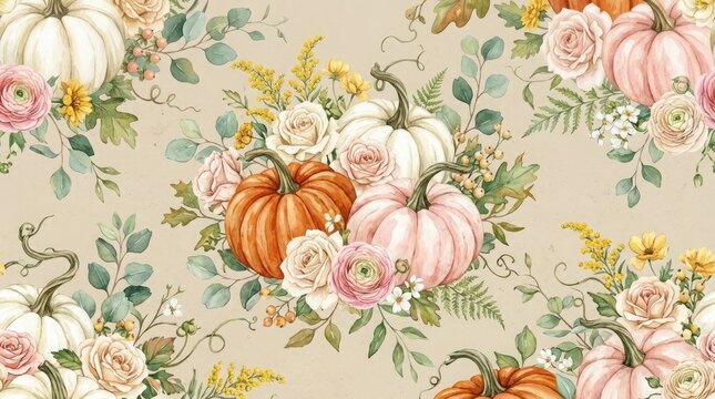 Watercolor fall pumpkins and flowers pattern