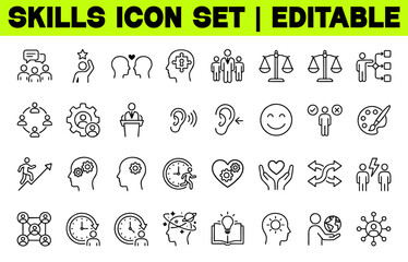 Fototapeta premium Skills Icon Set. Communication, Creativity, Problem Solving, Empathy and Work Ethics Line Editable Stroke Vector Illustration Collection