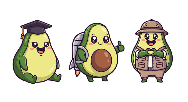 Cute cartoon avocados with different fun professions illustrated.