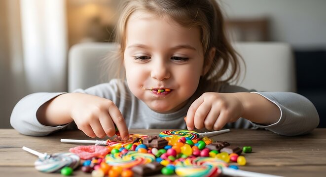 Young girl choosing colorful candies on a wooden table indoors