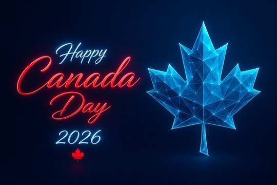 Neon text happy canada day 2026 greeting with low poly maple leaf symbol. futuristic low poly illustration happy canada day, greeting, celebration. futuristic low poly illustration happy canada day