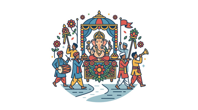 Illustration of Lord Ganesha being carried in a festive procession by musicians and devotees.