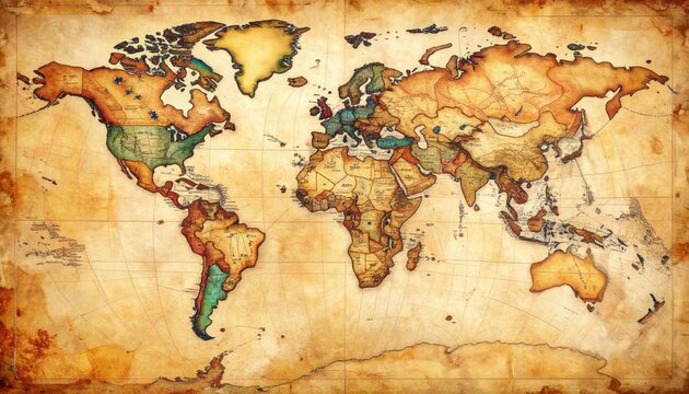 Vintage World Map Illustration with Aged Parchment Texture.