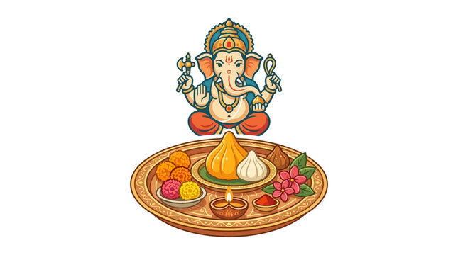 Lord Ganesha illustration with a traditional offering plate of modaks and sweets.