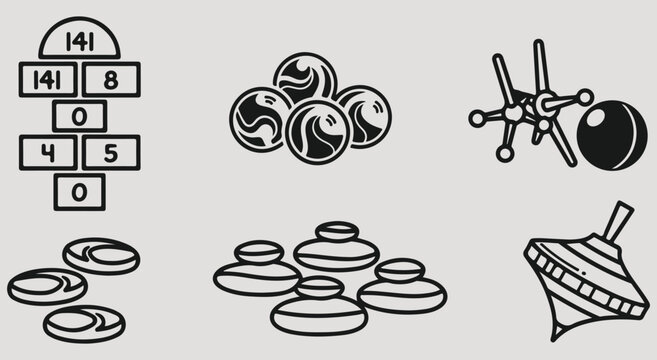 Traditional playground games icons set with hopscotch marbles jacks spinning tops and stones hand drawn vector illustration art design graphic collection for childhood fun activity
