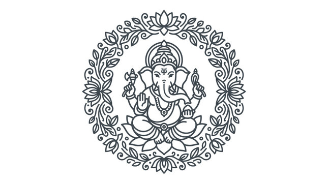 Intricate line art illustration of Lord Ganesha seated within a decorative floral mandala frame.