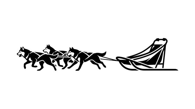 Illustration of Husky Dogs Pulling Traditional Wooden Sled.