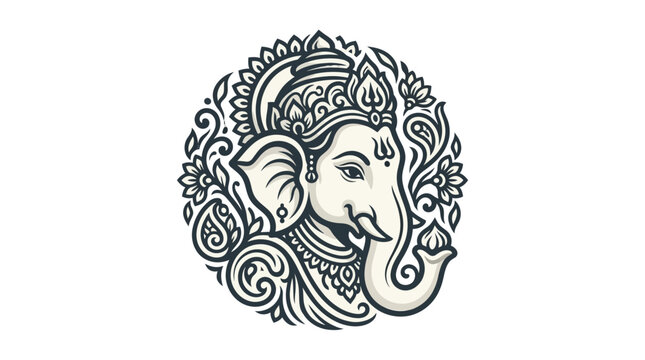 Intricate black and white line art illustration of Lord Ganesha.