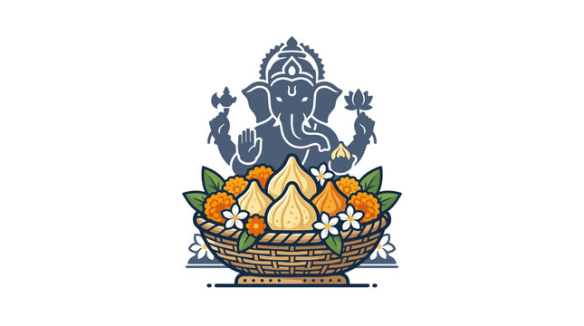 Lord Ganesha illustration with a basket of modak sweets for Ganesh Chaturthi festival.