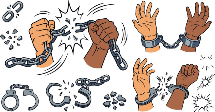 Breaking Chains and Handcuffs Vector Illustration Set with Hands Breaking Free for Freedom, Liberty, and Human Rights Concepts