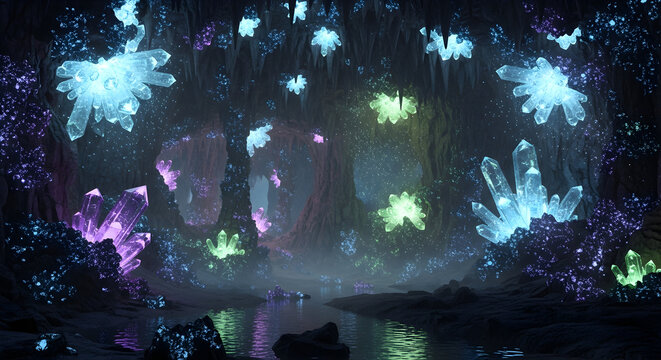 Mysterious glowing crystals illuminate a dark ethereal cavern landscape