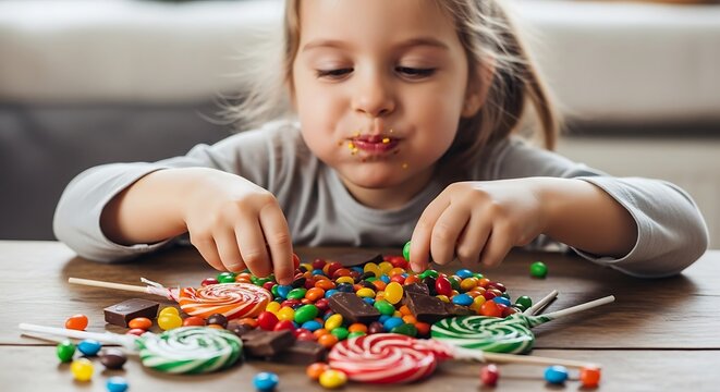 Young girl enjoying colorful candies on a wooden table