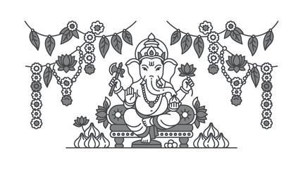 Line art illustration of Lord Ganesha seated on a throne with floral decorations. © caca