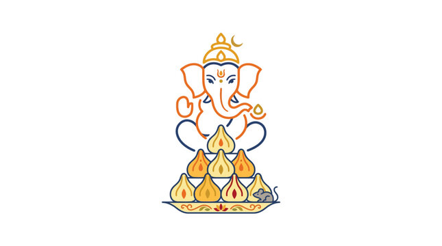 Minimalist line art illustration of Lord Ganesha with a pyramid of modak sweets.