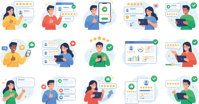 Customer review and feedback vector illustration set with diverse people giving five star ratings writing testimonials and thumbs up recommendations isolated on background