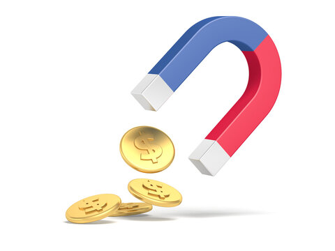 Magnet and dollar coins isolated on white background. 3d illustration.