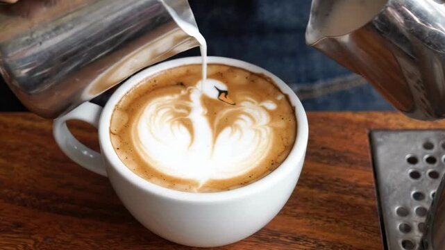 Barista pouring milk into coffee cup creating swan latte art