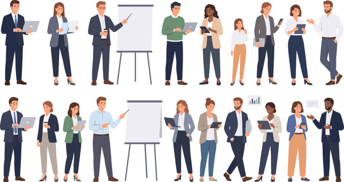 Corporate business people cartoon character set working on laptops holding documents and making whiteboard presentations flat style vector illustration elements isolated on background