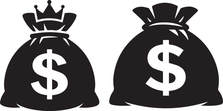 Two money bags with crown and drawstring icons Vector