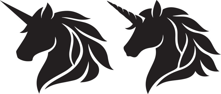 Two stylish black unicorn heads with leaf horns facing opposite directions Vector