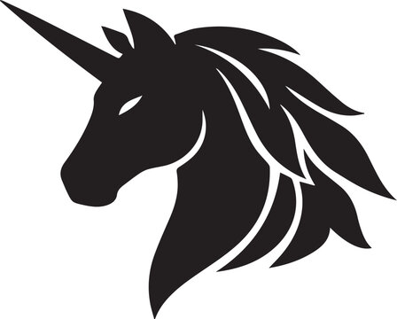 Black unicorn head silhouette with flowing mane Vector