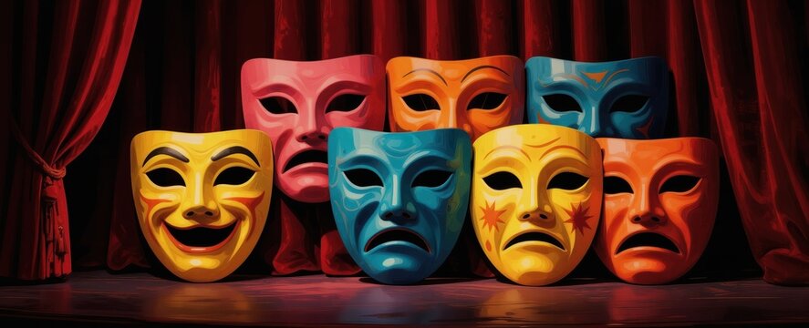 Collection of theater drama and comedy masks displayed on stage with red curtains. Masks show happy sad neutral expressions, representing different emotions in performance art.