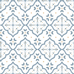 Fototapeta premium Blue European Tile Seamless Pattern with Vintage Floral and Geometric Motifs