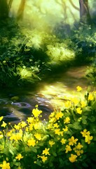 Obraz premium Vibrant wildflowers bloom along a tranquil forest stream bathed in gentle dappled sunlight