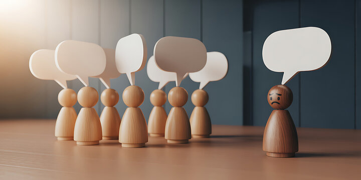A group of wooden figures with speech bubbles standing on a table with one figure looking sad and excluded from the conversation with others