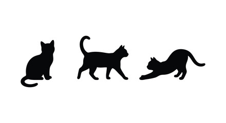 Three black cat silhouettes in various poses against a white background silhouette cats feline © Gahima