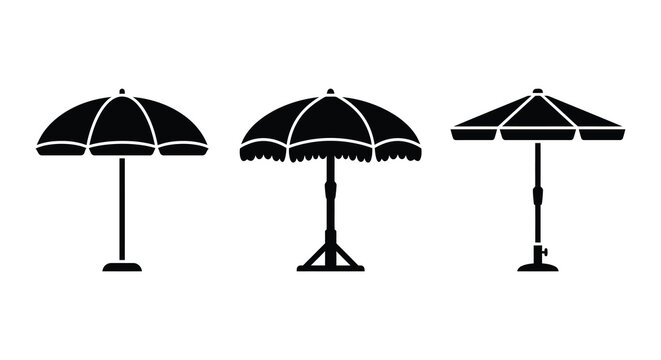 Three Beach Umbrellas In Black Silhouette Against A White Background Silhouette umbrella sunshade parasol