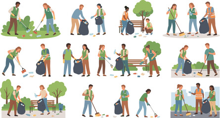 Fototapeta premium Community volunteers cleaning park from litter gathering trash sweeping with brooms putting garbage into bags flat vector illustration character set isolated on background
