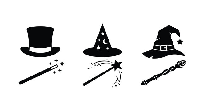Three wizard hats magic wands and stars in black silhouette hat top pointed witch