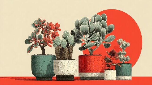 Assortment of Succulent Plants in Geometric Pots Against a Red Circle Background