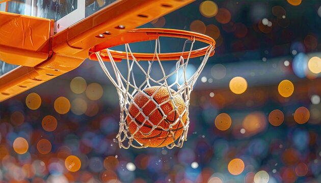 Basketball Swishing Through Net During Game with Blurred Lights.