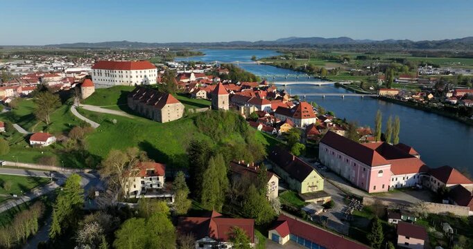 Castle With The Old Town Of Ptuj In The Region Of Styria, Slovenia. Aerial Shot