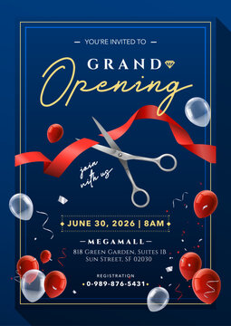 Blue Grand Opening Invitation Flyer with Ribbon Cutting Ceremony and Balloon Decoration Vector