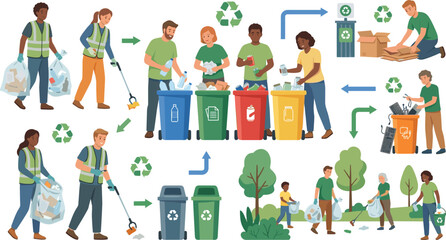 Fototapeta premium Waste sorting and recycling process vector illustration set with volunteers cleaning park gathering trash separating plastic paper glass and electronic garbage in bins