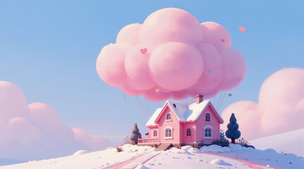 Naklejka premium Pink cartoon house floats in sky held by big pink cloud balloons. Snowy landscape, cute pastel hearts, bright blue sky background. Whimsical fantasy scene for dreamers.