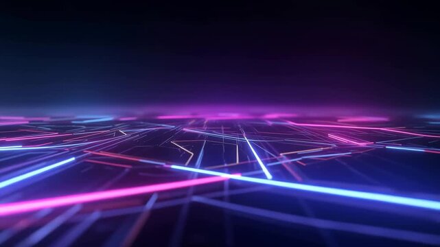 Vibrant neon lines intersecting on a dark futuristic background with glowing pink and blue lights