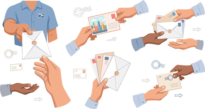 Postal service and mail delivery vector illustration set featuring mailman hands holding envelopes postcards letters receiving packages with diverse skin tones on background