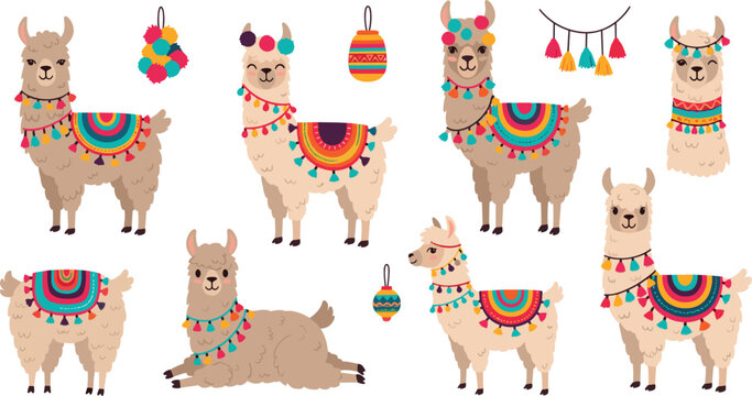 Cute Llama Cartoon Character Mascot Vector Set with Colorful Peruvian Pom Poms Festive Tassels and Traditional Saddle Blanket Ornaments for Nursery Design
