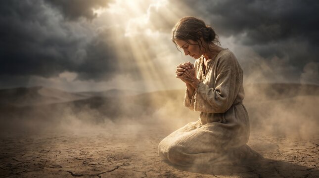 Biblical Woman Kneeling in Prayer on Cracked Desert Ground, Divine Light Rays Shining Through Storm Clouds, Spiritual Concept of Faith, Hope, and Desperate Supplication