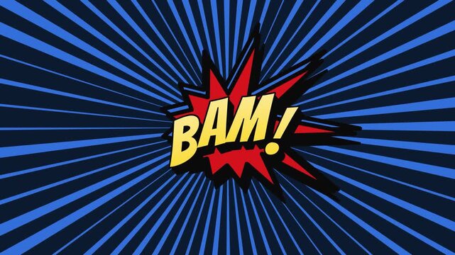 Comic book style bam text floating in jagged burst on rotating blue radial background, pop art onomatopoeia