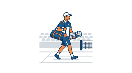 Obraz premium A professional tennis player walking across the court carrying his gear bag and rackets.