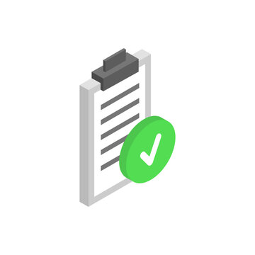 Clipboard document and check mark, isometric icon.