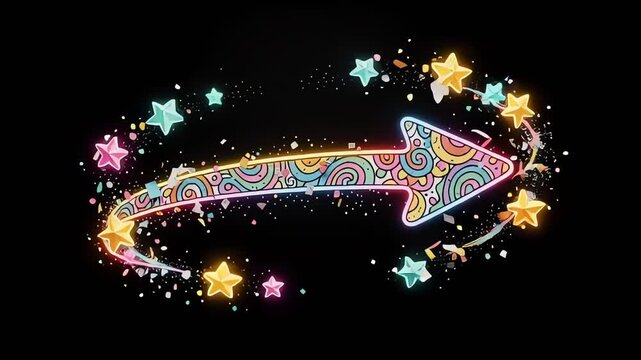 Colorful Animated Arrow with Glowing Stars and Sparkles.